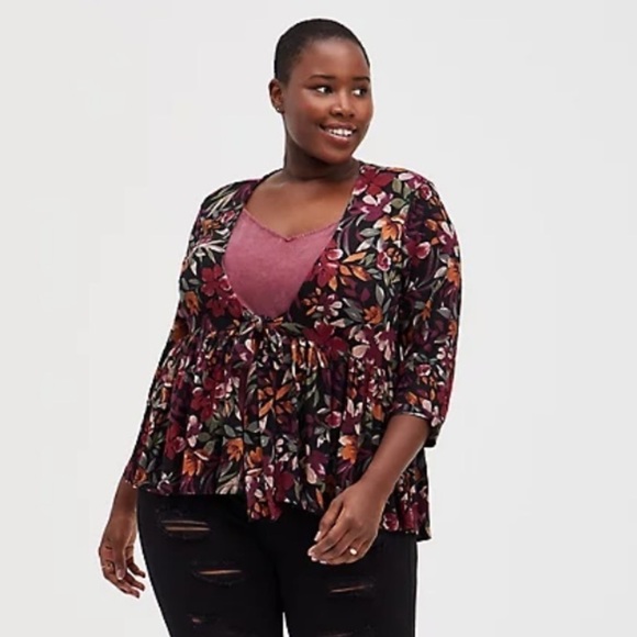 NWT Torrid Black Floral Print Tie Front Babydoll Jacket - Picture 5 of 8